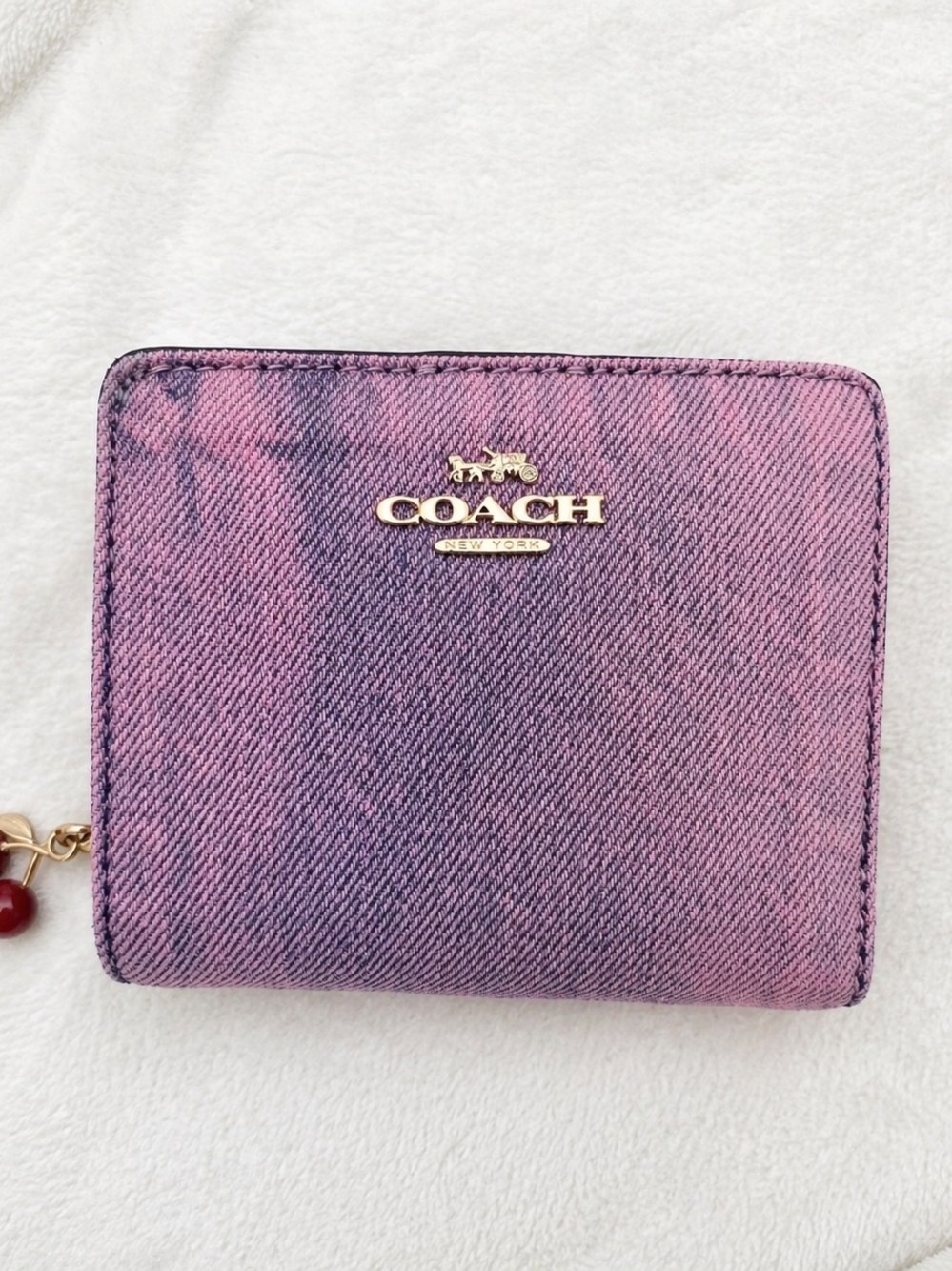 Custom Pink Washed Denim Coach Wallet | Cherry Charm Zip Around Upcycled Bag